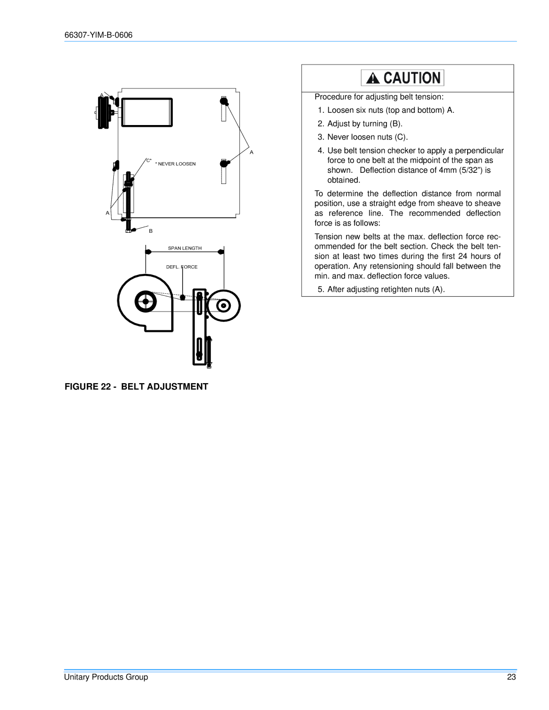 York BP120, BP 090 installation manual Belt Adjustment 