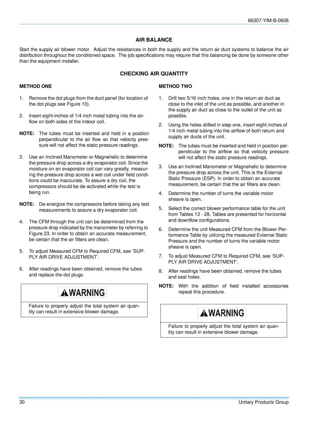 York BP 090, BP120 installation manual AIR Balance, Checking AIR Quantity, Method ONE, Method TWO 