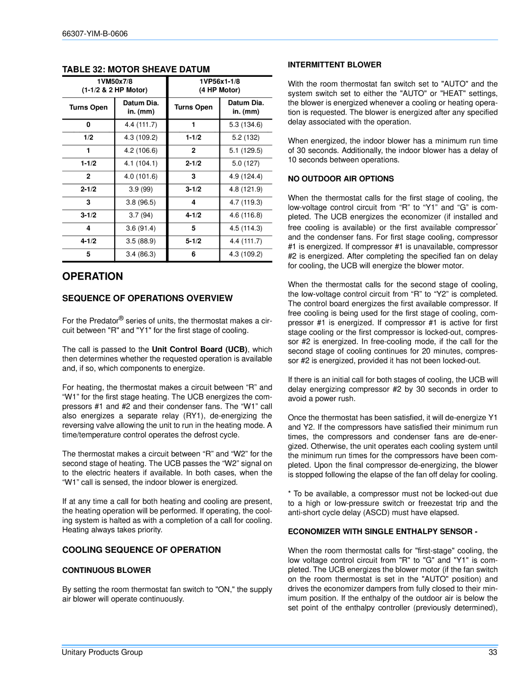 York BP120, BP 090 Motor Sheave Datum, Sequence of Operations Overview, Cooling Sequence of Operation 