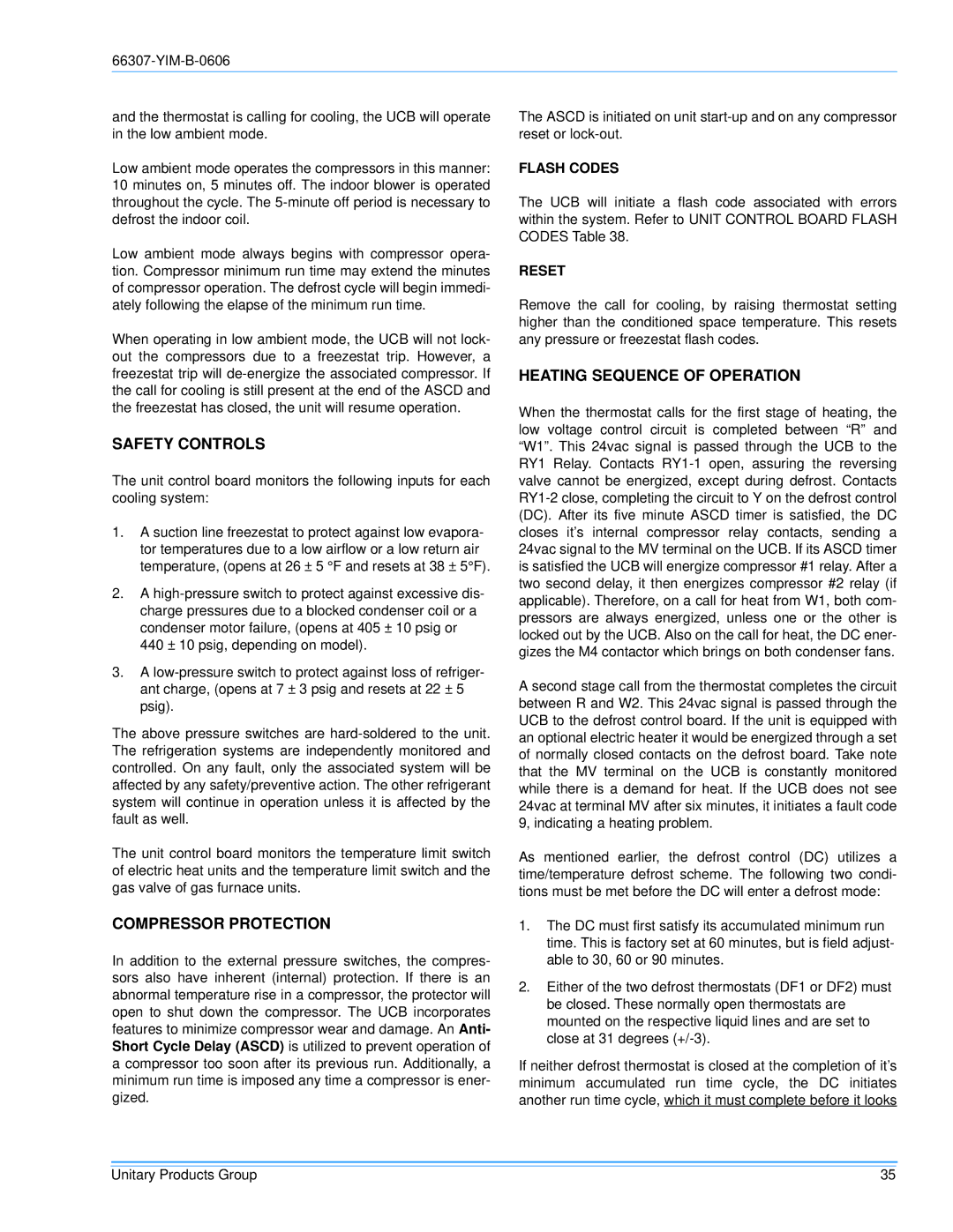 York BP120, BP 090 Safety Controls, Compressor Protection, Heating Sequence of Operation, Flash Codes, Reset 