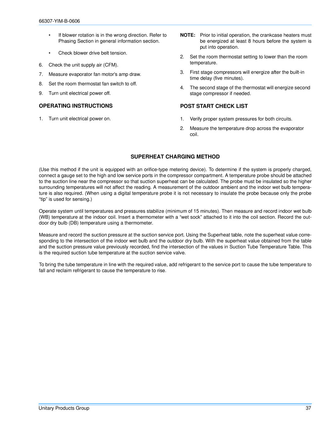 York BP120, BP 090 installation manual Operating Instructions, Post Start Check List, Superheat Charging Method 