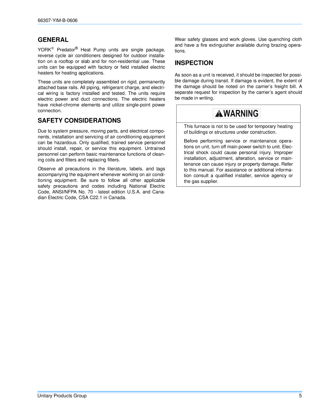 York BP120, BP 090 installation manual General, Safety Considerations, Inspection 