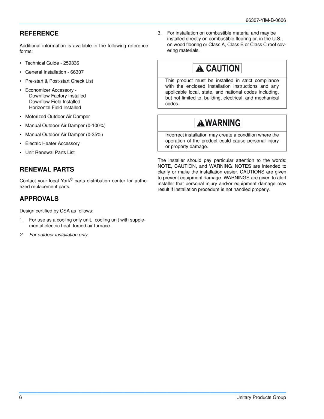 York BP 090, BP120 installation manual Reference, Renewal Parts, Approvals 