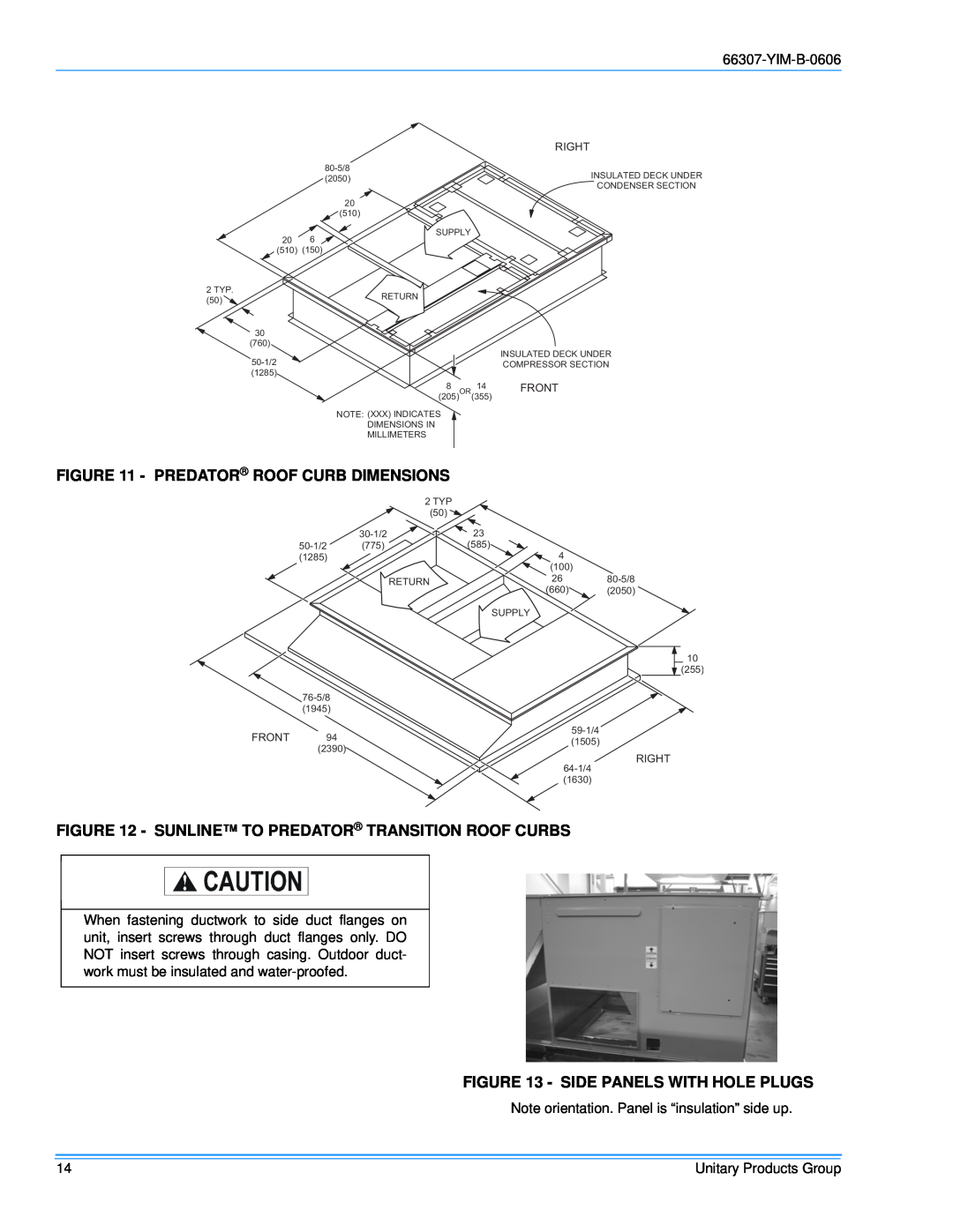 York BP 090, BP120 installation manual Predator Roof Curb Dimensions, Side Panels With Hole Plugs 