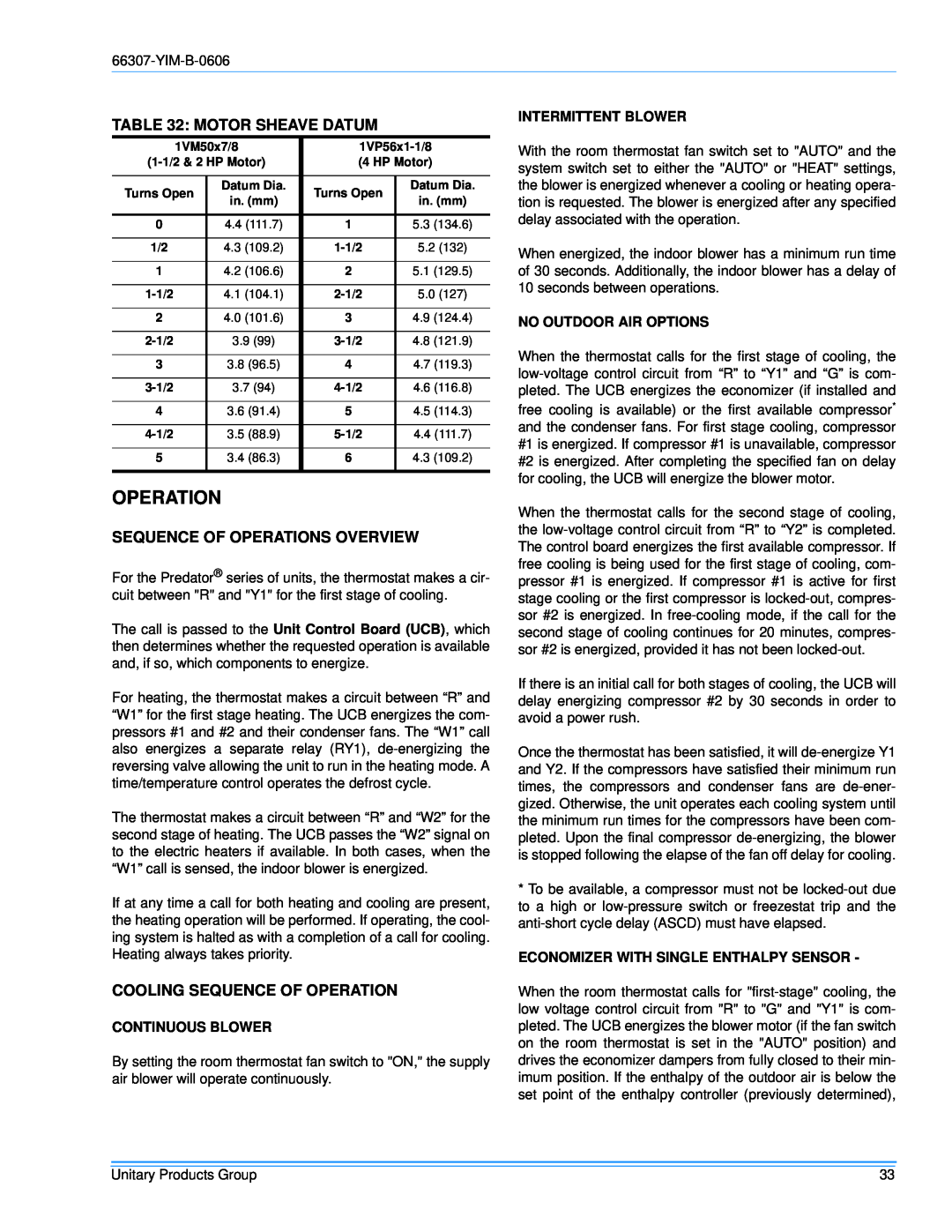 York BP120 Motor Sheave Datum, Sequence Of Operations Overview, Cooling Sequence Of Operation, Continuous Blower 