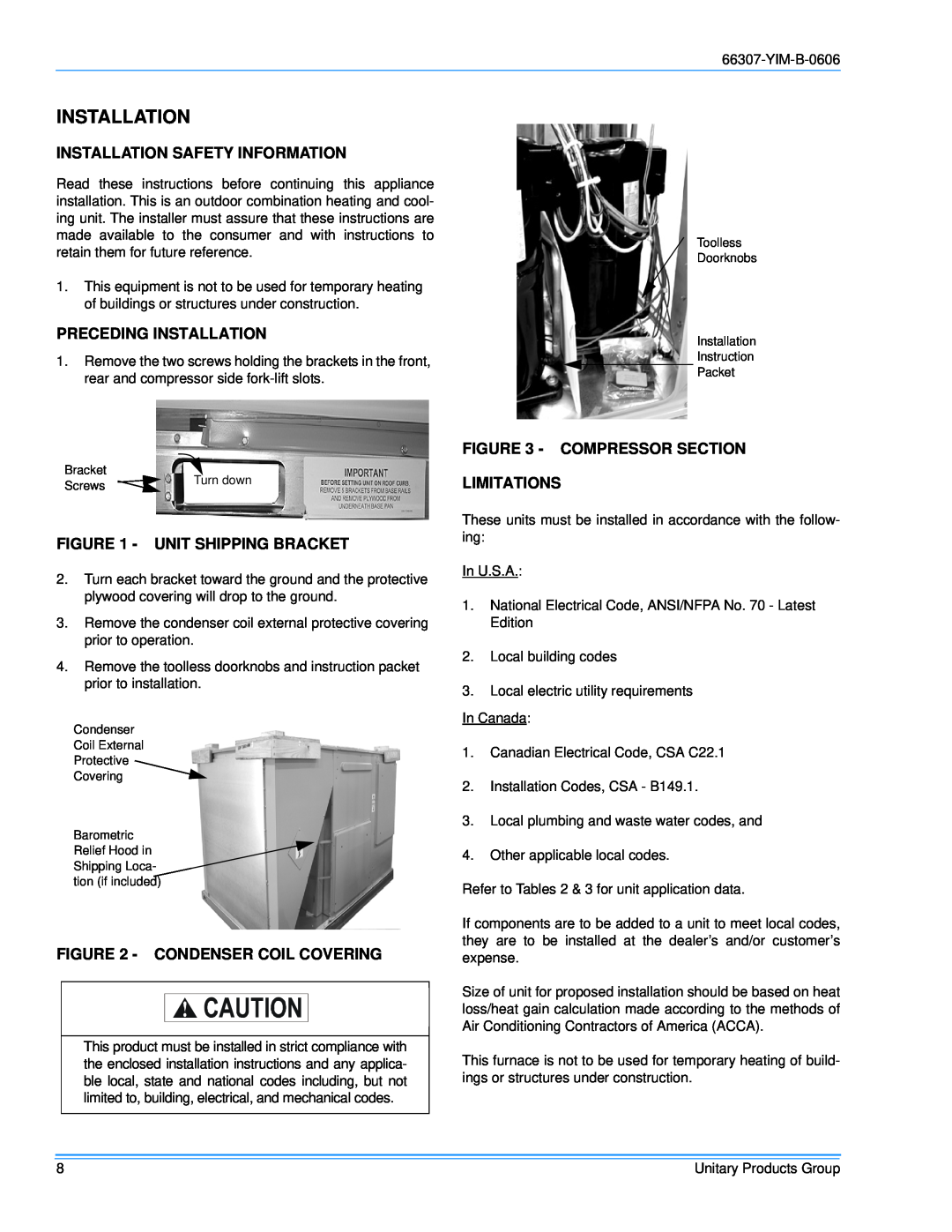 York BP 090 Installation Safety Information, Preceding Installation, Unit Shipping Bracket, Condenser Coil Covering 