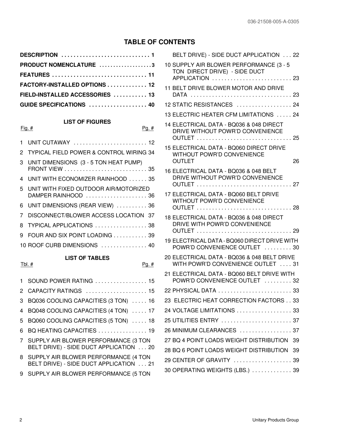 York BQ 048, BQ 060, BQ 036 warranty Table of Contents 