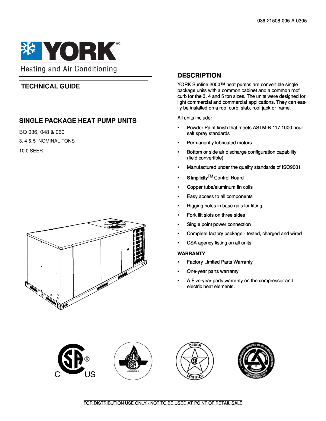 York BQ 036, BQ 060, BQ 048 warranty Technical Guide Single Package Heat Pump Units, Description, Bq 