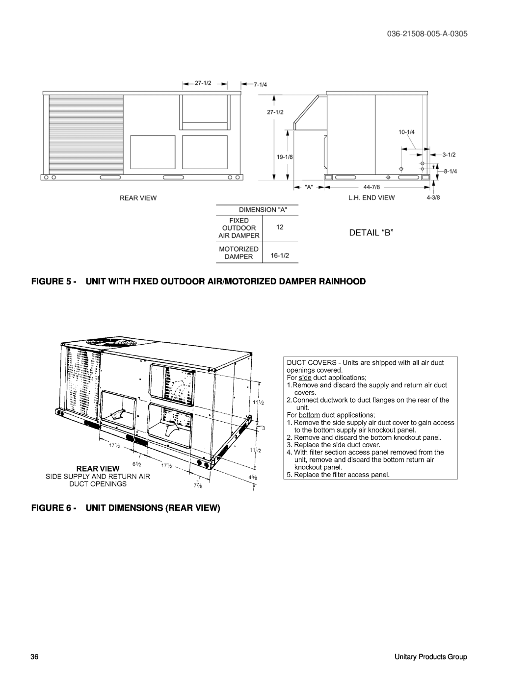 York BQ 060, BQ 036, BQ 048 warranty Unit Dimensions Rear View, Detail “B”, 036-21508-005-A-0305 
