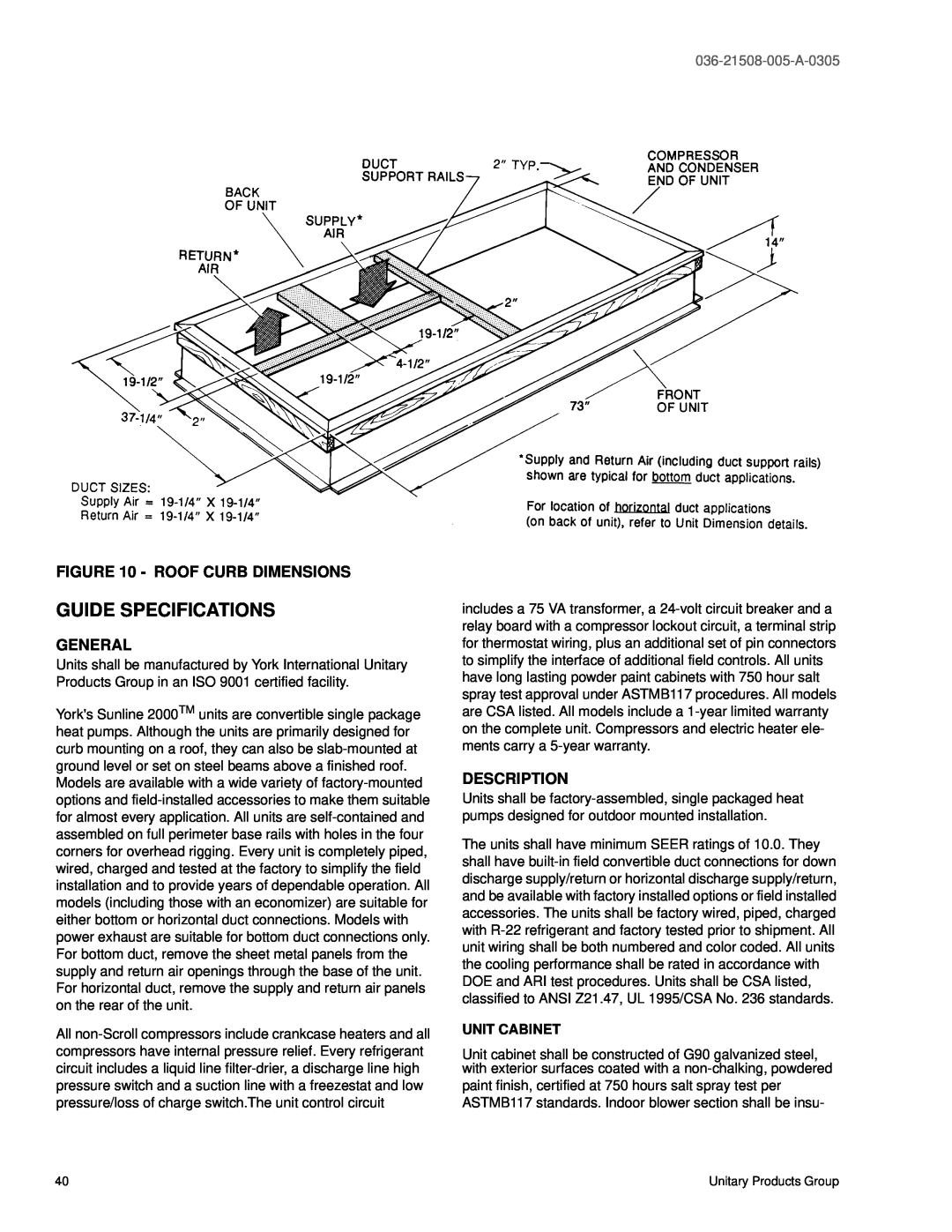 York BQ 036, BQ 060, BQ 048 warranty Guide Specifications, Roof Curb Dimensions, General, Description, 036-21508-005-A-0305 