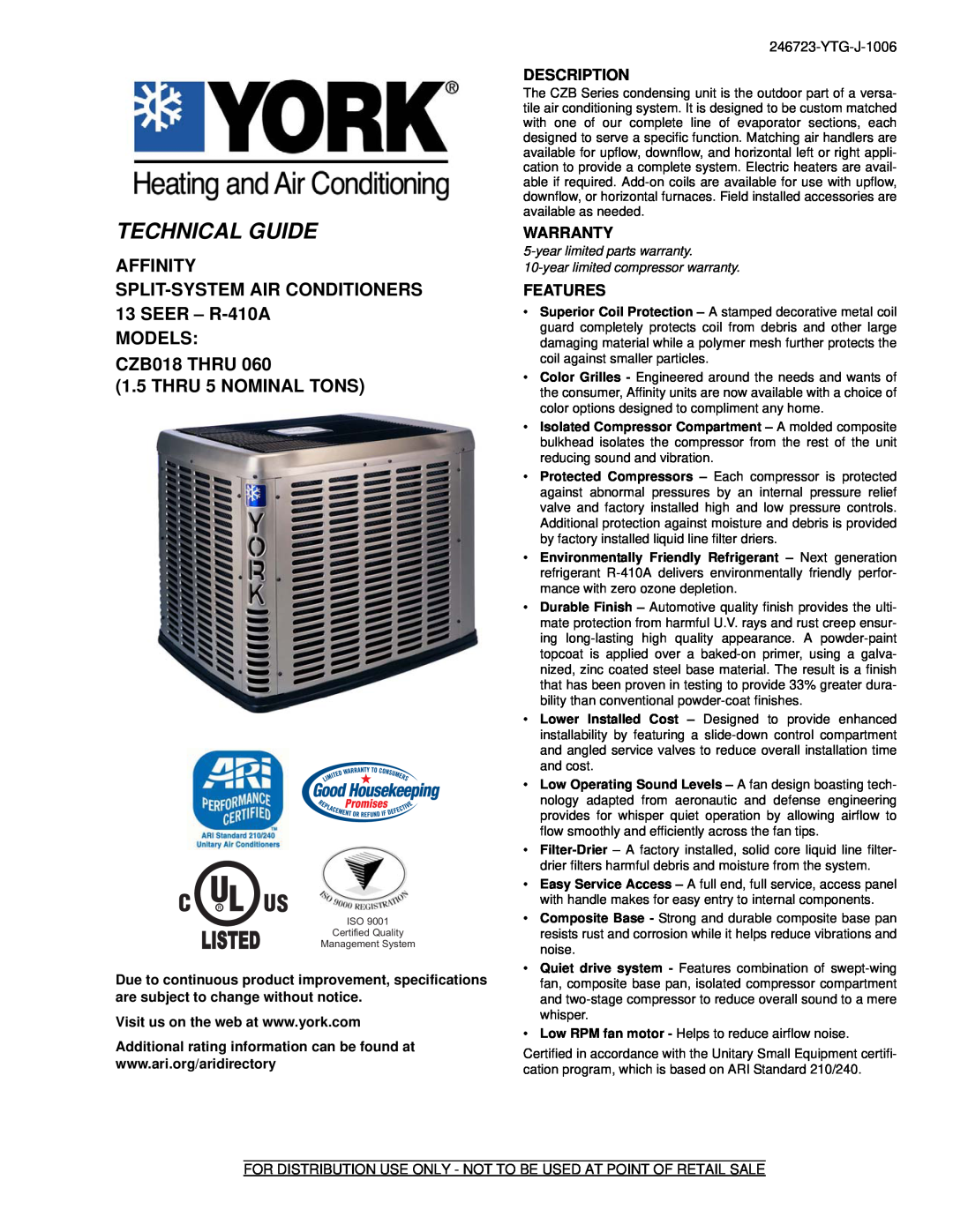 York CZB018 THRU 060 warranty Description, Warranty, Features, Listed, Technical Guide, 13SEER - R-410A MODELS CZB018 THRU 