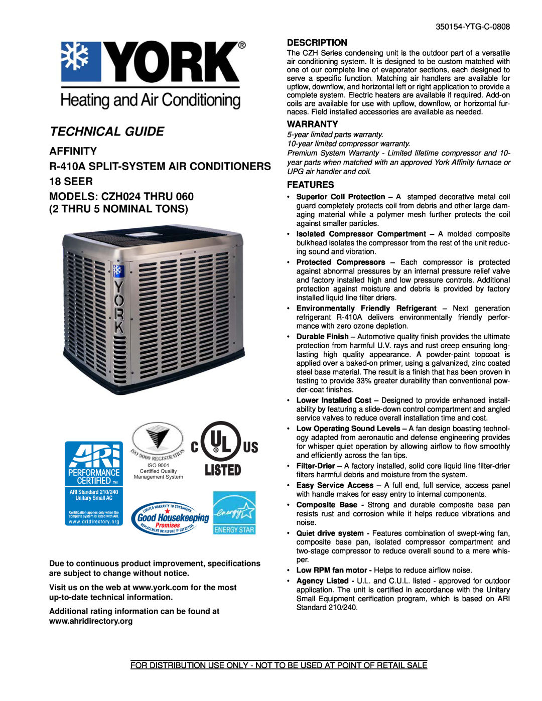 York CZH024 THRU 060 warranty Technical Guide, Affinity, R-410A SPLIT-SYSTEMAIR CONDITIONERS 18 SEER 
