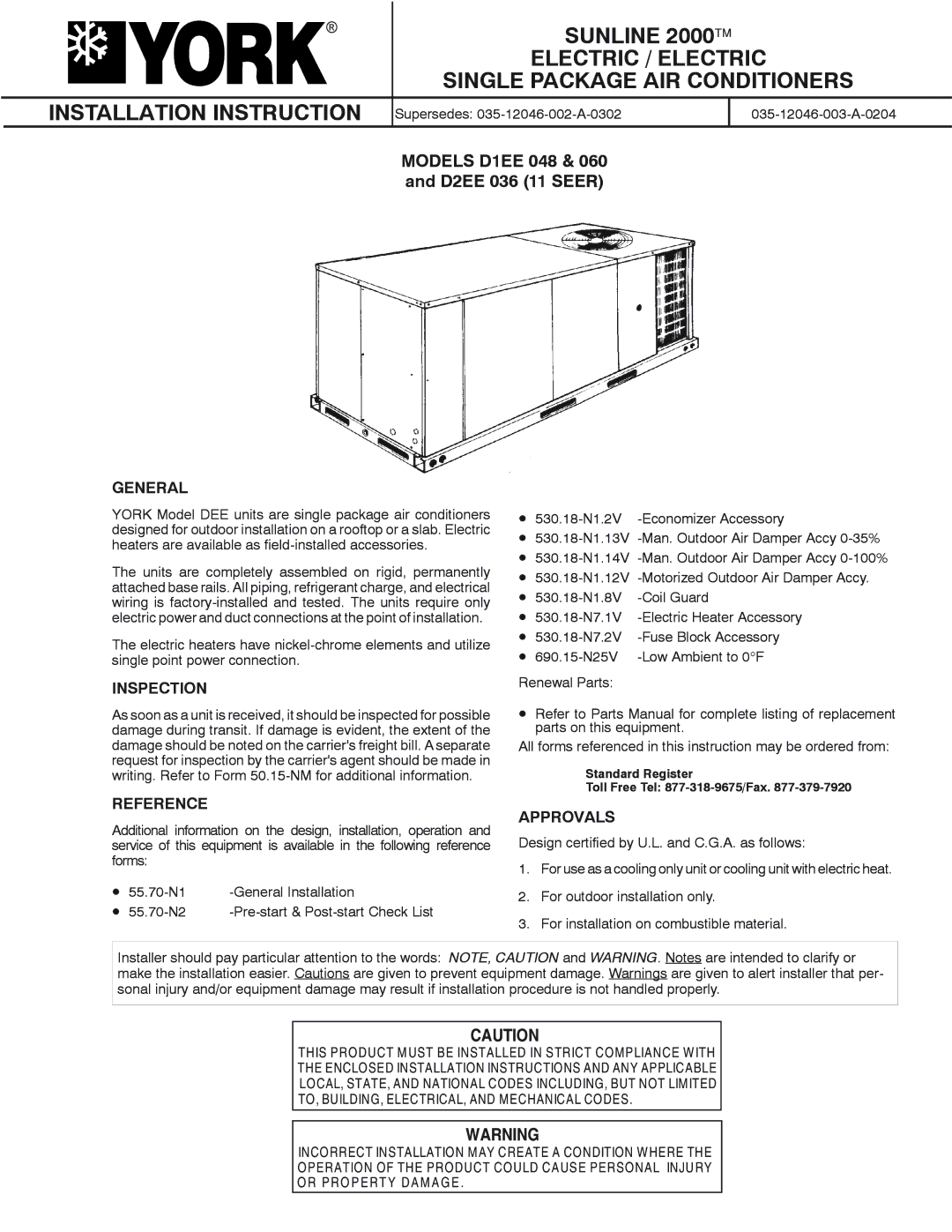 York D1EE 060, D1EE 048, D2EE 036 installation instructions General, Inspection, Reference, Approvals 