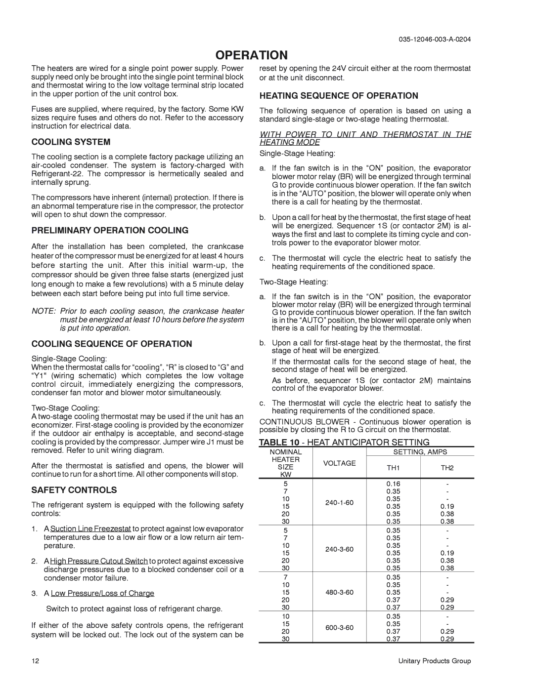 York D1EE 048, D1EE 060, D2EE 036 installation instructions Operation 