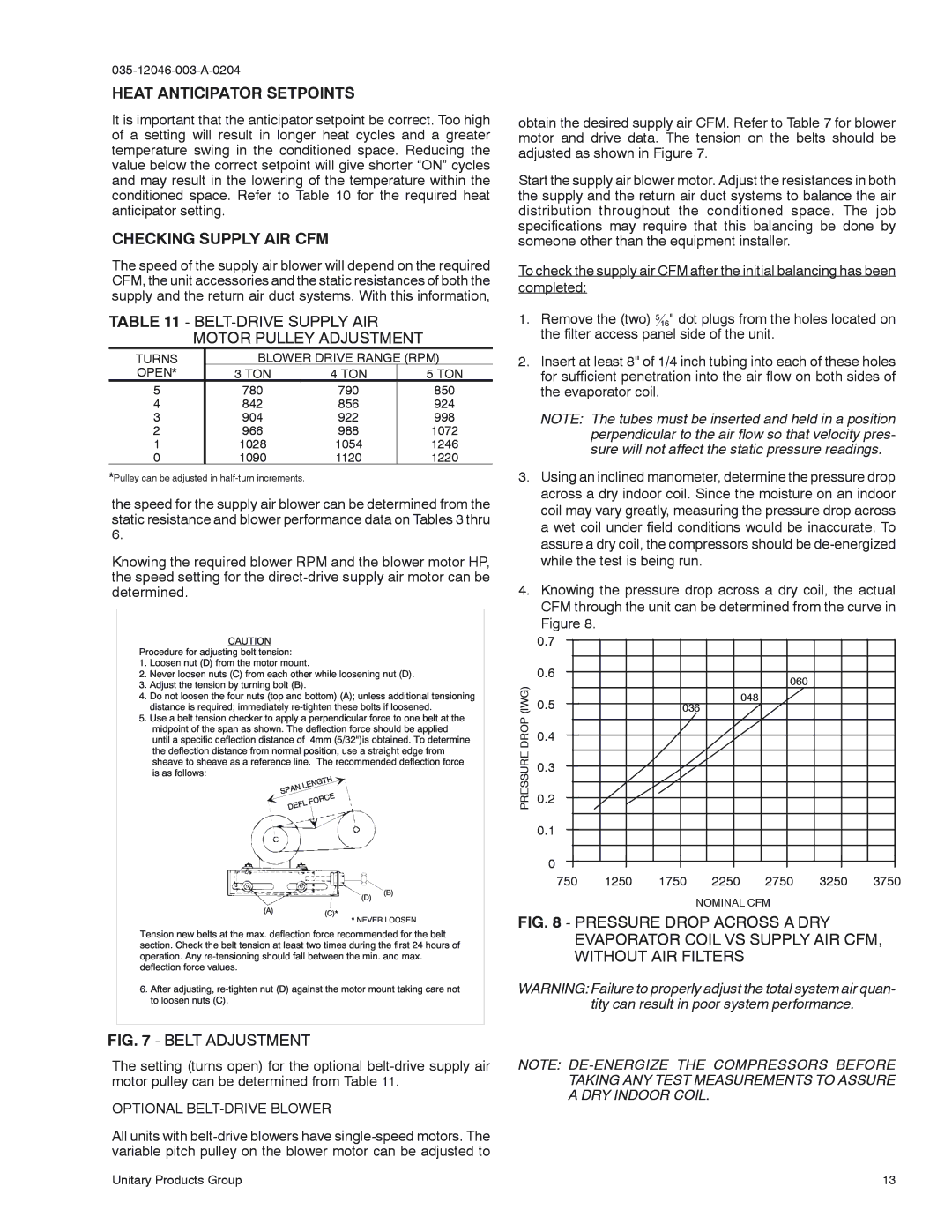 York D1EE 060 Heat Anticipator Setpoints, Checking Supply AIR CFM, BELT-DRIVE Supply AIR Motor Pulley Adjustment, 1220 