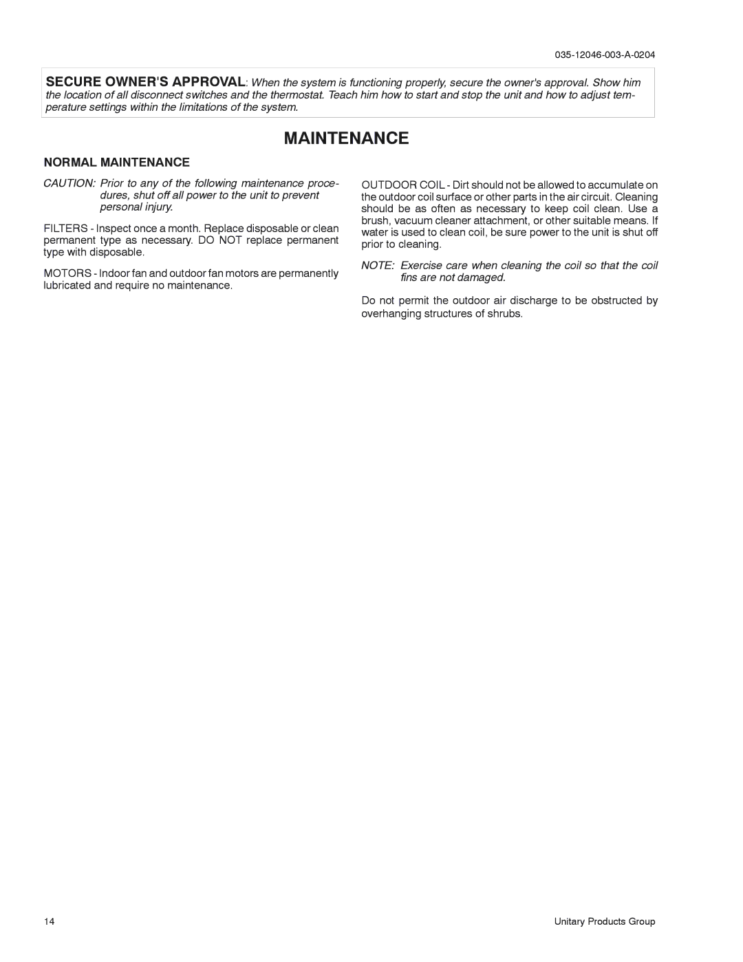 York D2EE 036, D1EE 048, D1EE 060 installation instructions Normal Maintenance 