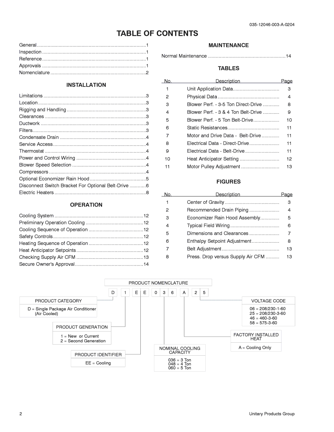 York D2EE 036, D1EE 048, D1EE 060 installation instructions Table of Contents 