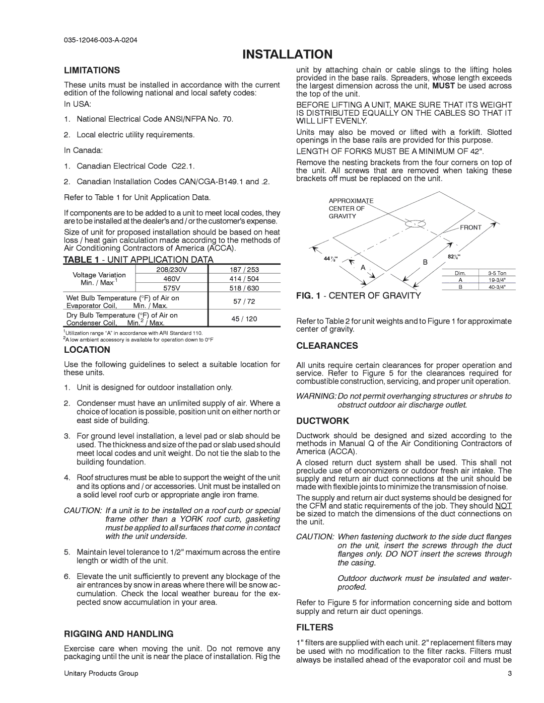 York D1EE 048, D1EE 060, D2EE 036 installation instructions Installation 