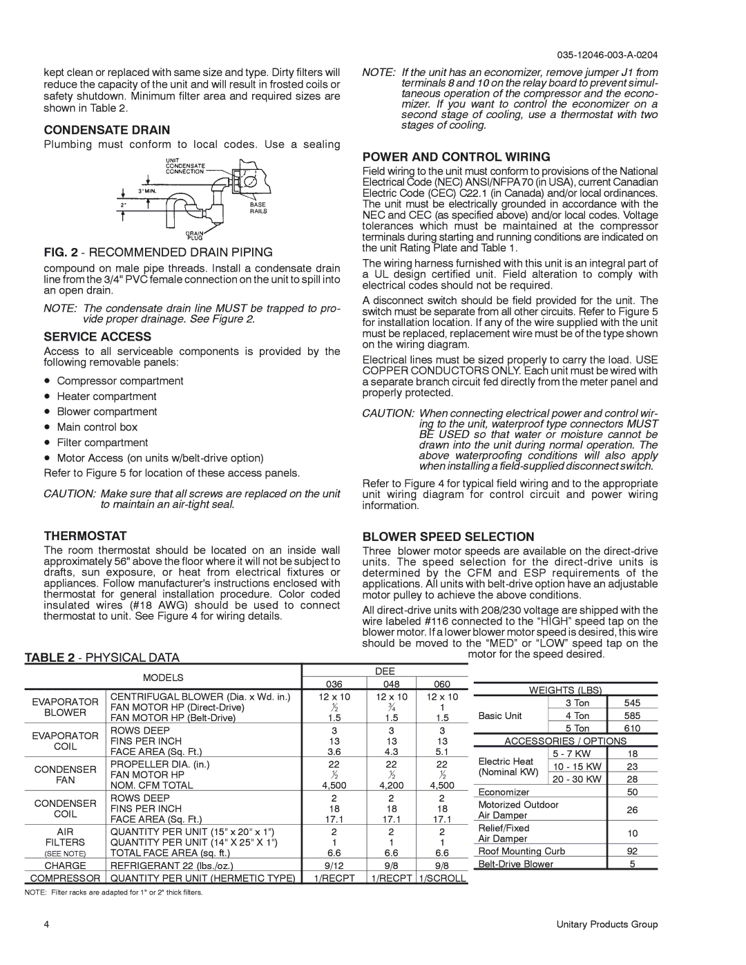 York D1EE 060, D1EE 048 Condensate Drain, Service Access, Power and Control Wiring, Thermostat, Blower Speed Selection 