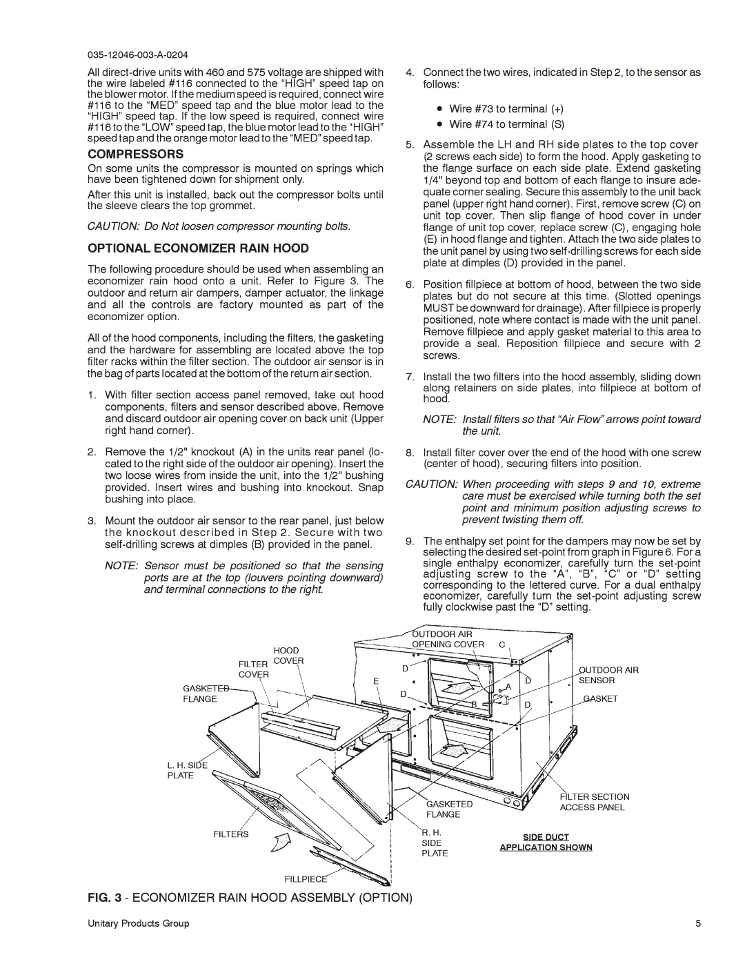 York D2EE 036, D1EE 048, D1EE 060 installation instructions Compressors, Optional Economizer Rain Hood 