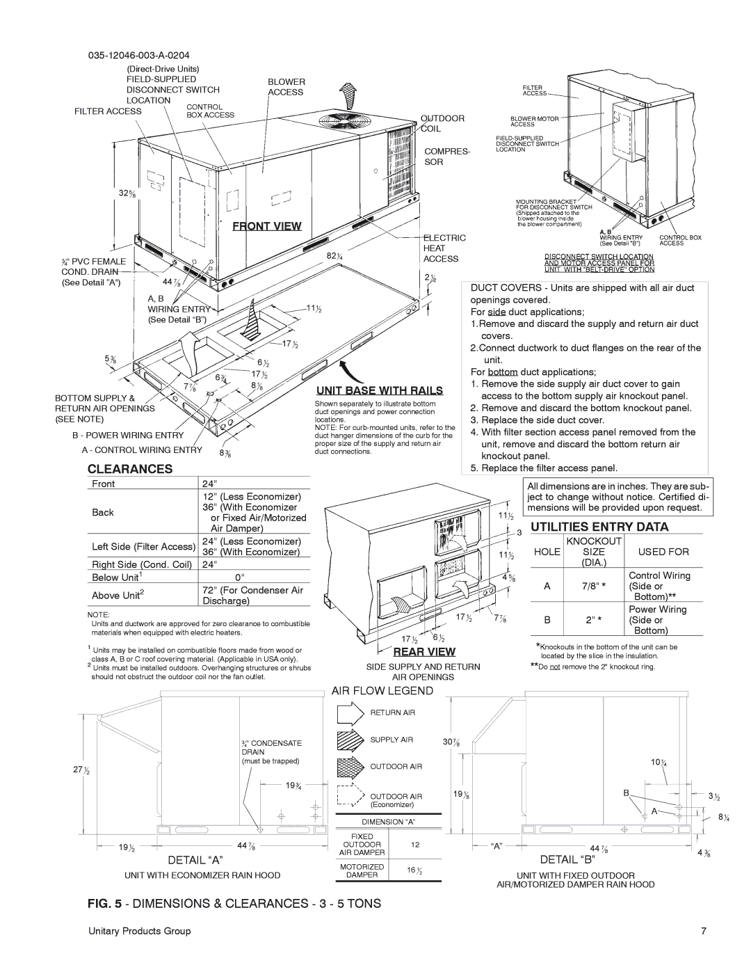 York D1EE 060, D1EE 048, D2EE 036 installation instructions Utilities Entry Data, Knockout, Hole Size Used for 