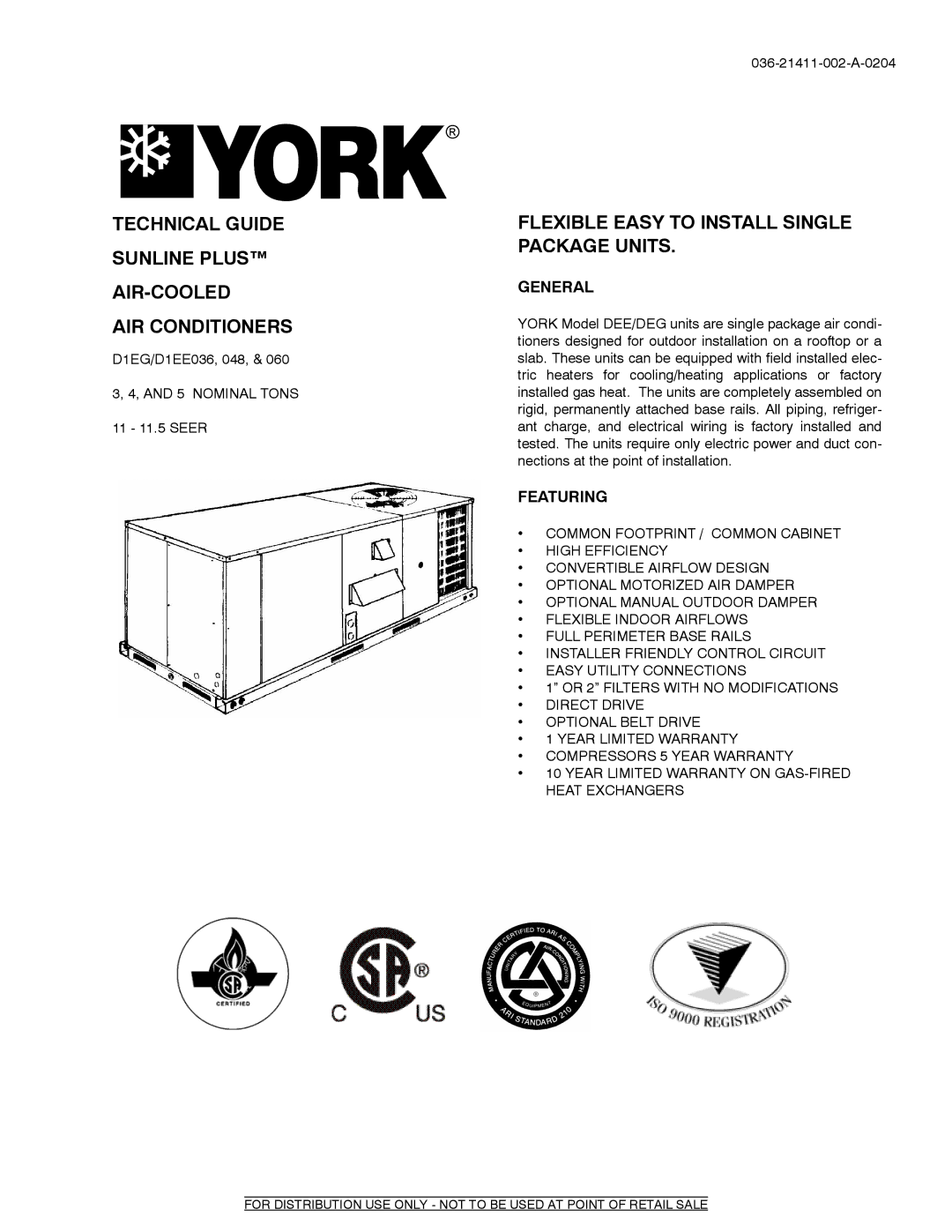 York D1EG warranty Technical Guide Sunline Plus AIR-COOLED AIR Conditioners, Flexible Easy to Install Single Package Units 