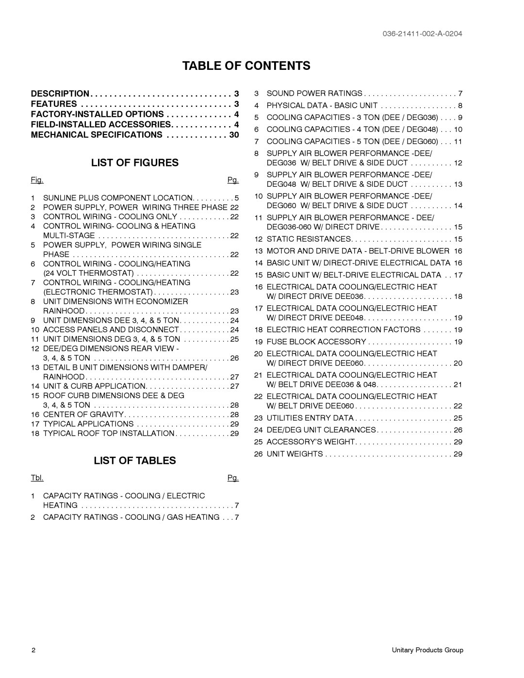 York D1EE036, D1EG warranty Table of Contents 