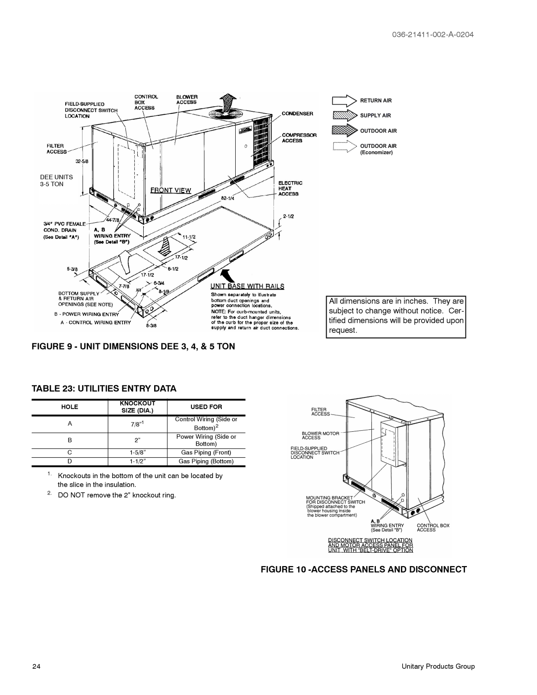 York D1EE036, D1EG warranty Hole Knockout, Size DIA 