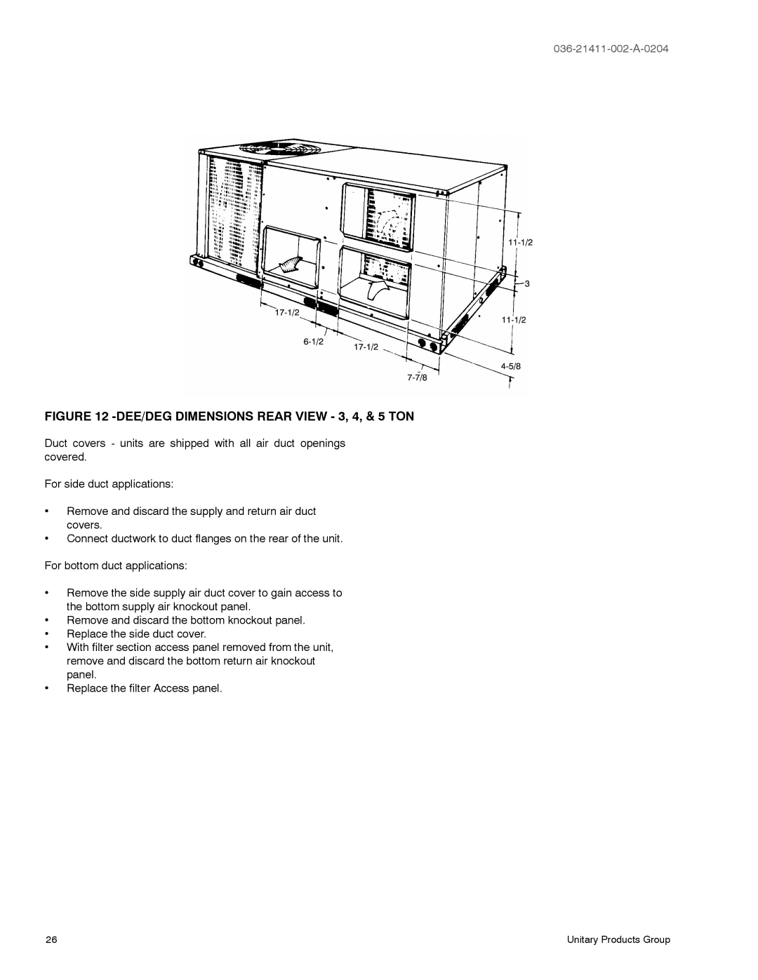 York D1EE036, D1EG warranty DEE/DEG Dimensions Rear View 3, 4, & 5 TON 