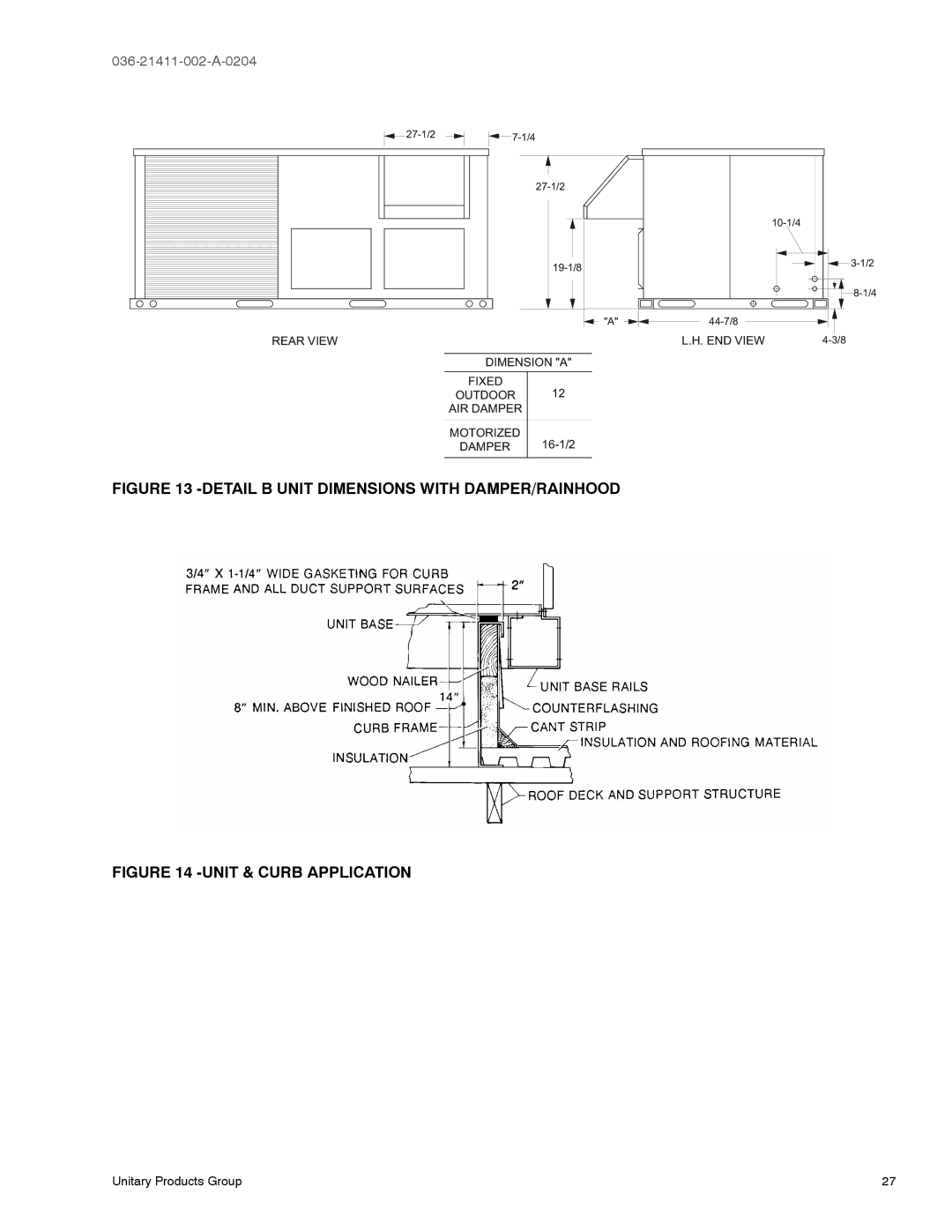 York D1EG, D1EE036 warranty Detail B Unit Dimensions with DAMPER/RAINHOOD 