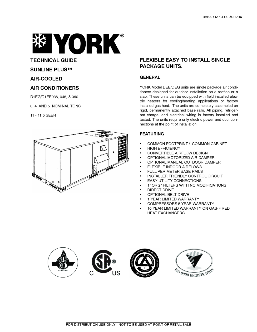 York D1EG, D1EE036 warranty Technical Guide Sunline Plus Air-Cooled, Air Conditioners, General, Featuring 