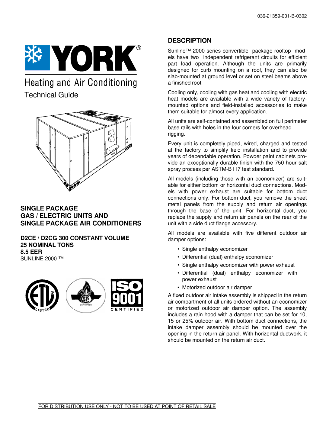 York D2CG, D2CE manual Technical Guide, Description 