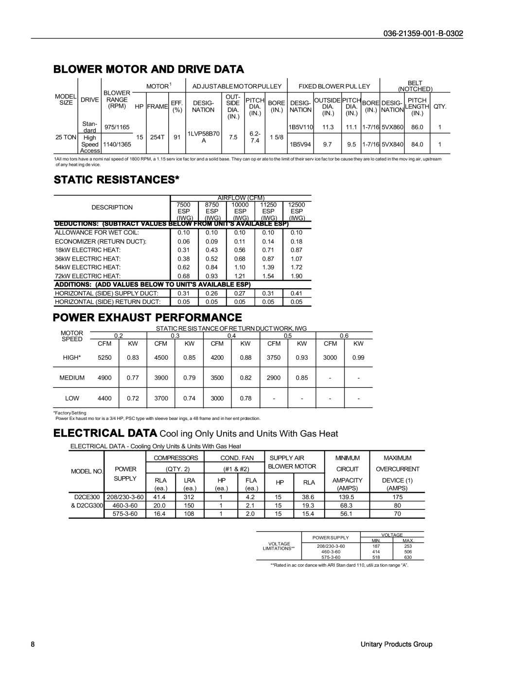 York D2CE, D2CG Blower Motor And Drive Data, Static Resistances, Power Exhaust Performance, 036-21359-001-B-0302, Below 