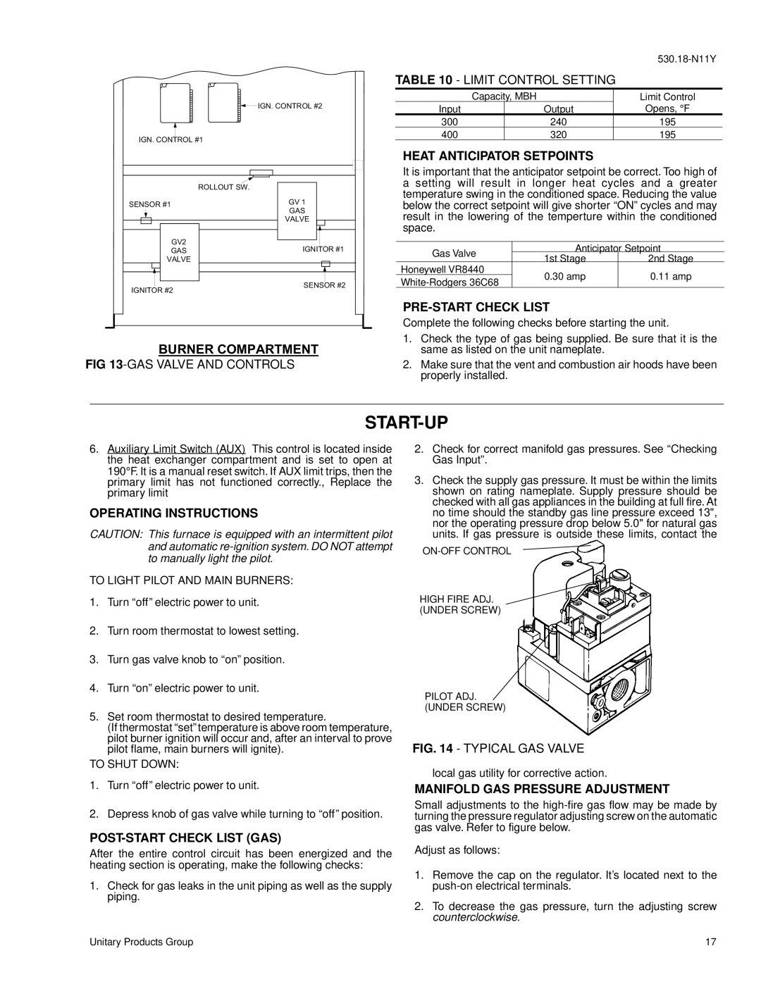 York D2CG300, D2CE Start-Up, Limit Control Setting, Pre-Startcheck List, Gasvalve And Controls, Operating Instructions 