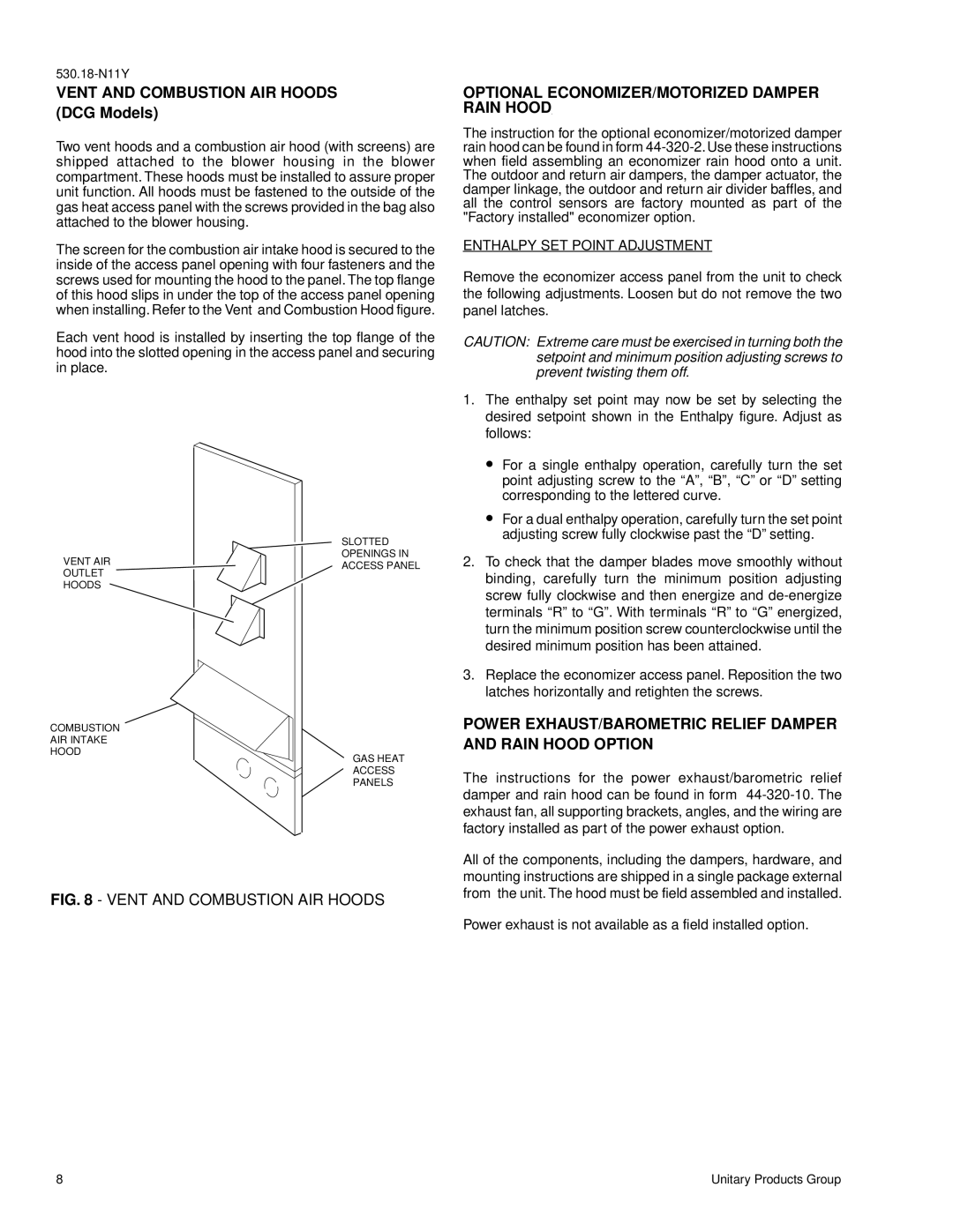 York D2CE, D2CG300 installation instructions VENT AND COMBUSTION AIR HOODS DCG Models, Vent And Combustion Air Hoods 