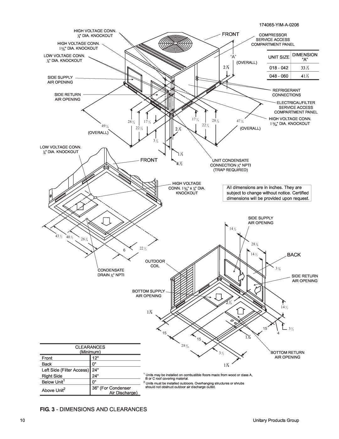 York D2EB installation instructions Dimensions And Clearances, Front, Back 