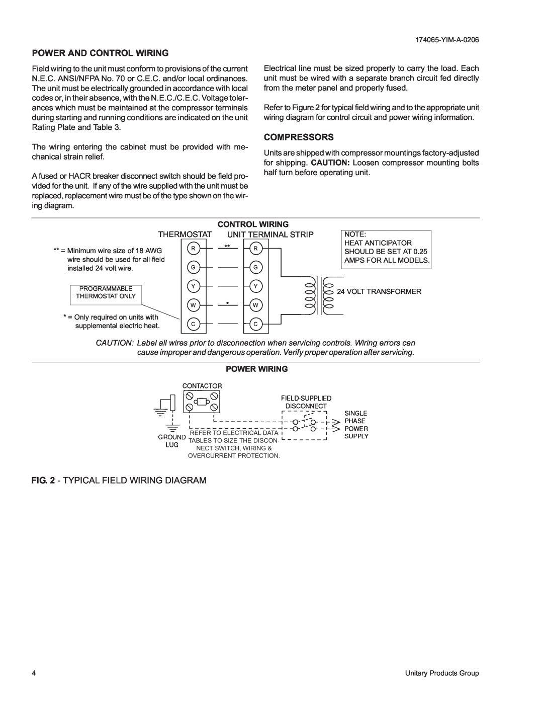 York D2EB installation instructions Power And Control Wiring, Compressors, Typical Field Wiring Diagram, Power Wiring 