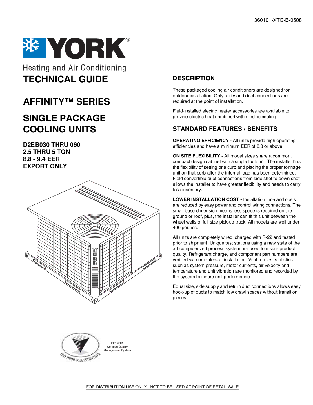 York D2EB030 manual EER Export only Description, Standard Features / Benefits 