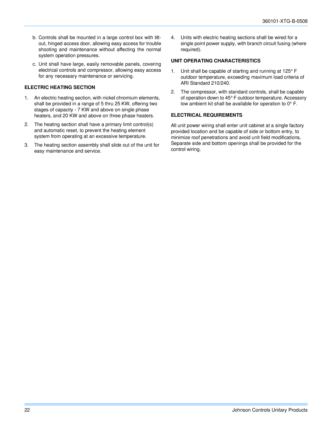 York D2EB030 manual Electric Heating Section, Unit Operating Characteristics, Electrical Requirements 