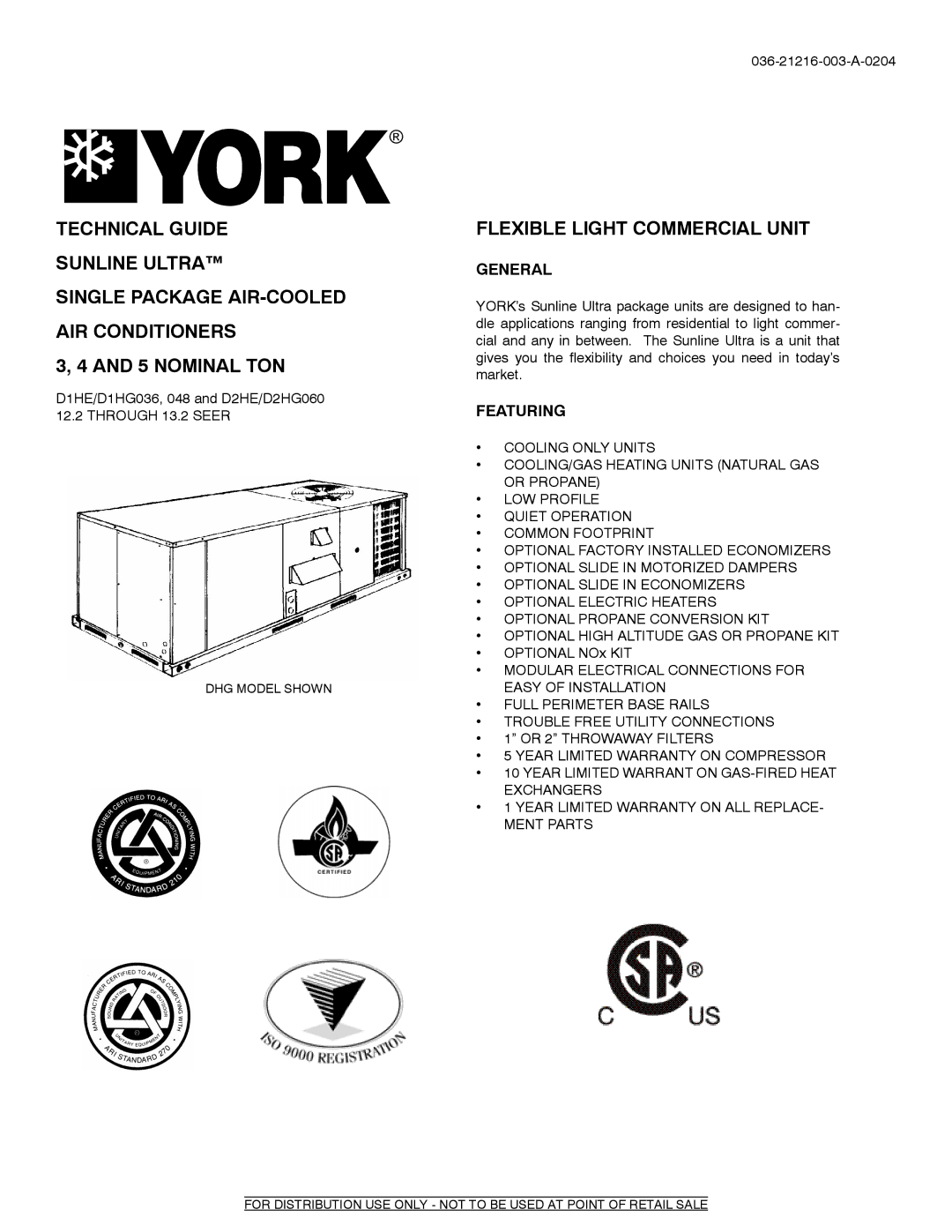 York D1HE/D1HG036, D2HE/D2HG060 warranty Flexible Light Commercial Unit, General, Featuring 