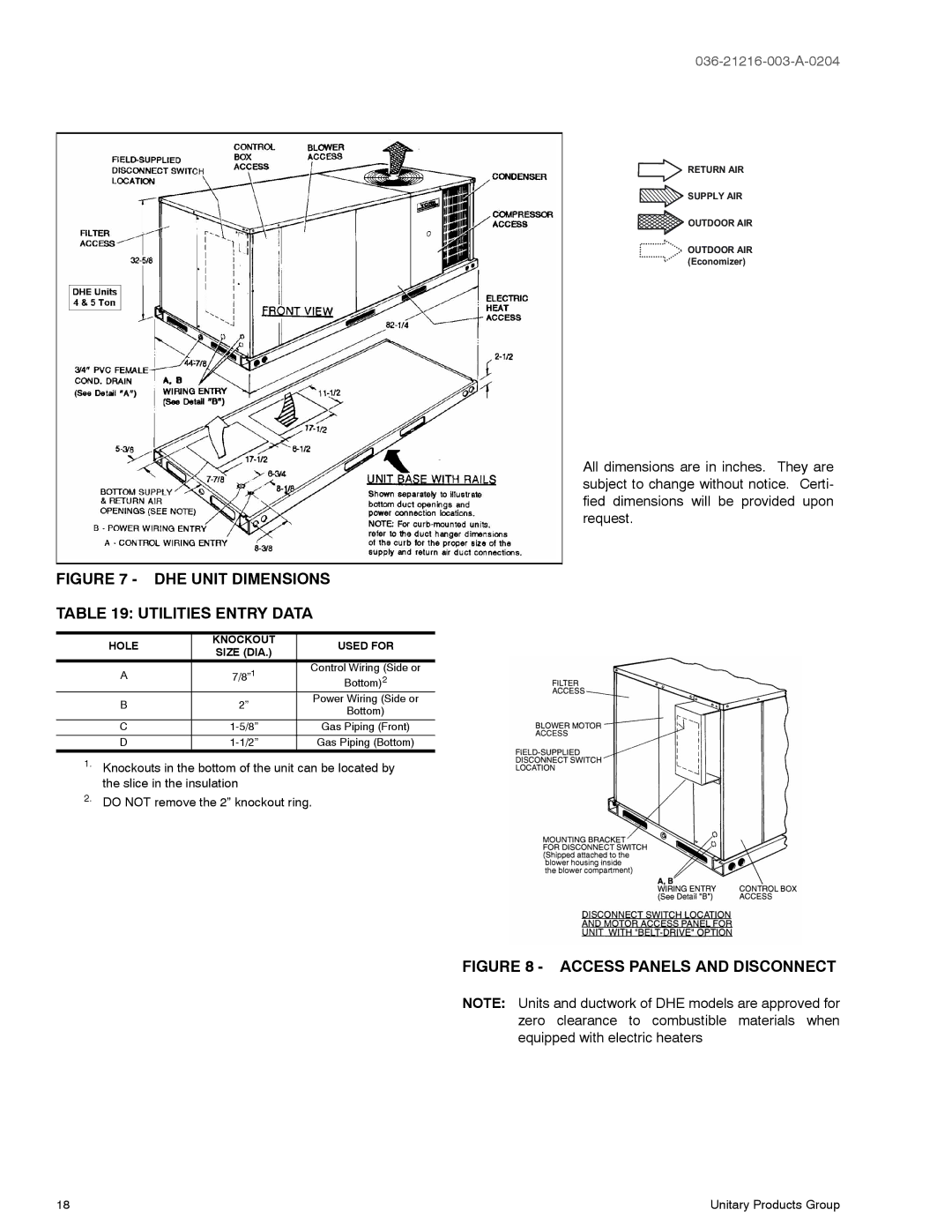 York D2HE/D2HG060, D1HE/D1HG036 warranty Hole Knockout, Size DIA 