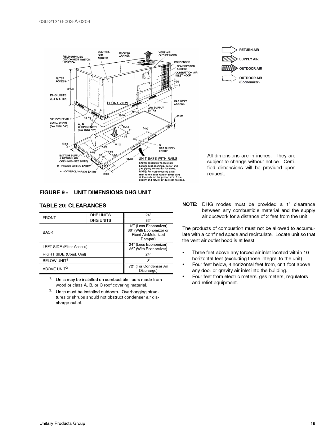 York D1HE/D1HG036, D2HE/D2HG060 warranty Unit Dimensions DHG Unit Clearances 