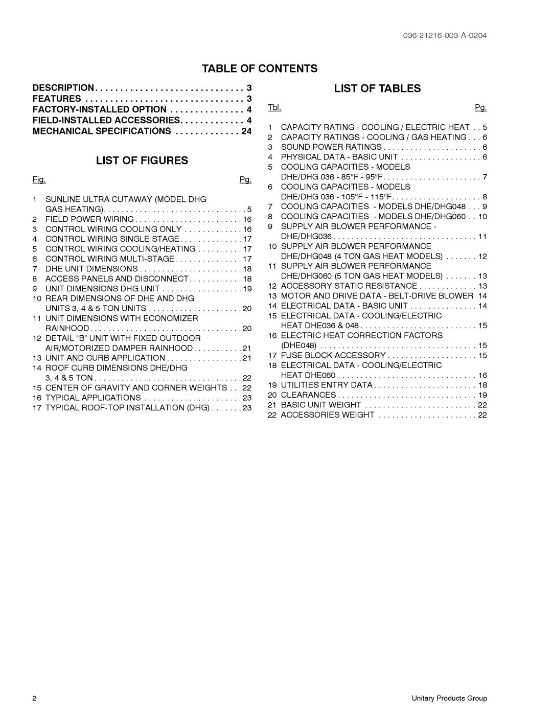 York D2HE/D2HG060, D1HE/D1HG036 warranty Table of Contents, List of Figures, List of Tables 