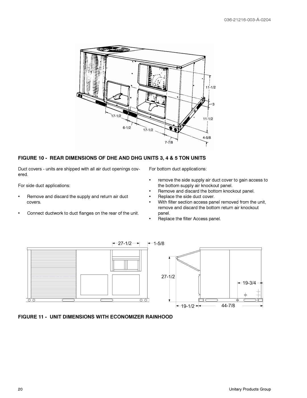 York D2HE/D2HG060, D1HE/D1HG036 warranty Rear Dimensions of DHE and DHG Units 3, 4 & 5 TON Units 