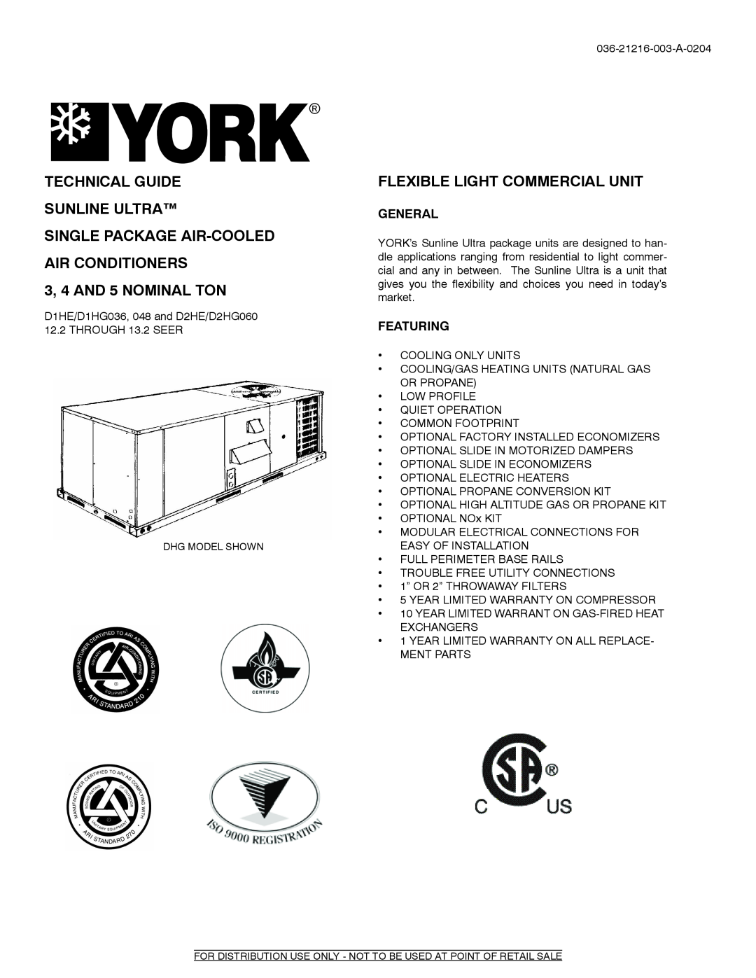 York D1HE/D1HG036 warranty Technical Guide Sunline Ultra, Single Package Air-Cooledair Conditioners, General, Featuring 