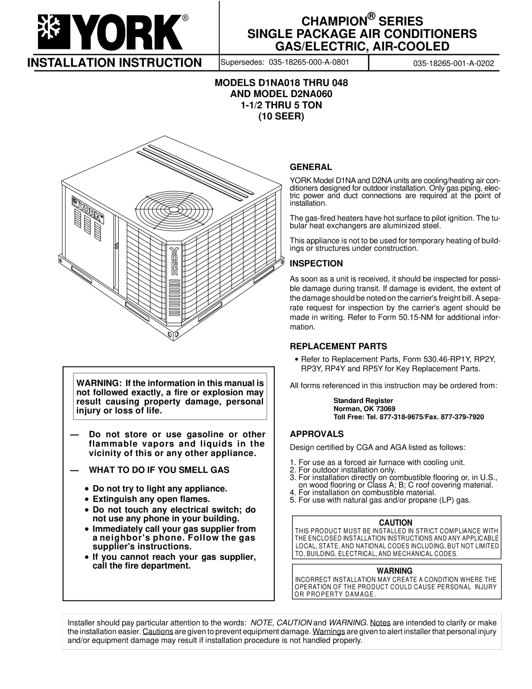 York D1NA018, D2NA060 installation instructions Champion Series, Installation Instruction 