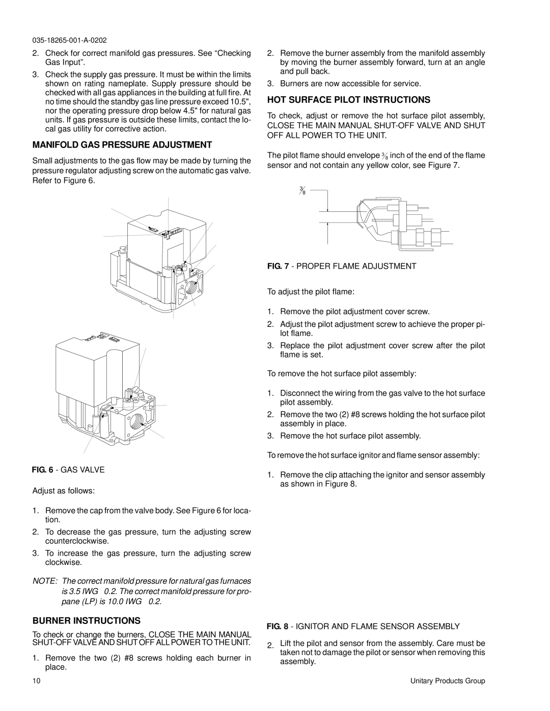 York D2NA060, D1NA018 Manifold GAS Pressure Adjustment, Burner Instructions, T L E T Proper Flame Adjustment 