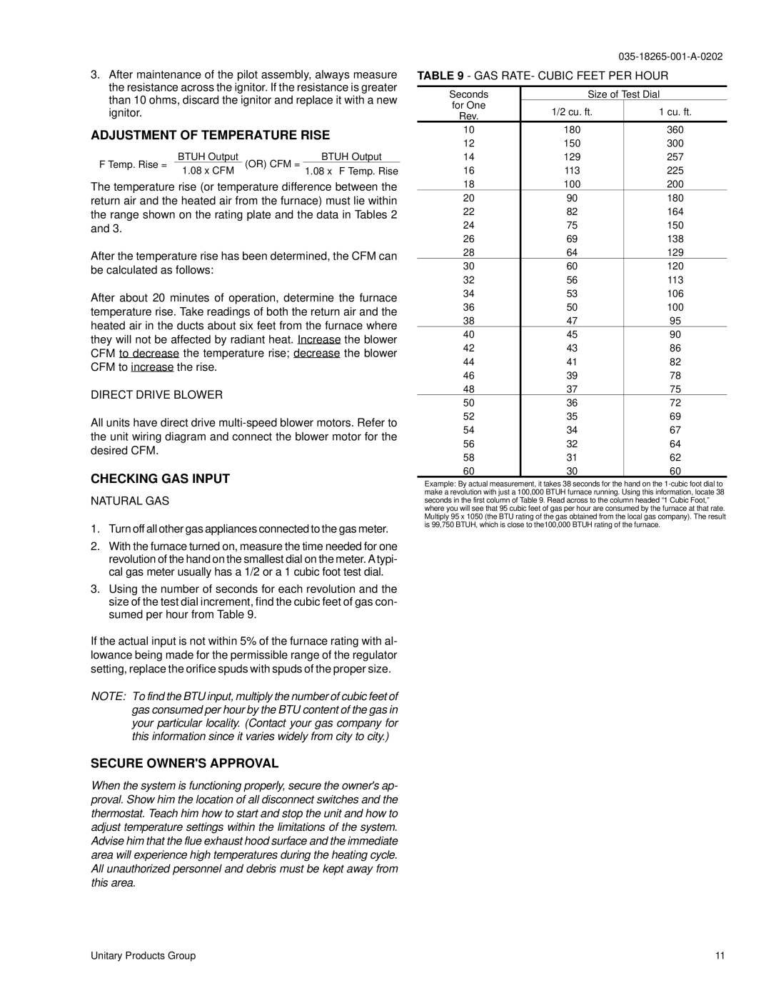 York D1NA018, D2NA060 installation instructions Adjustment of Temperature Rise, Checking GAS Input, Secure Owners Approval 