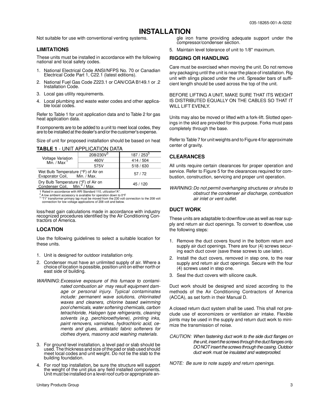 York D1NA018, D2NA060 installation instructions Installation 