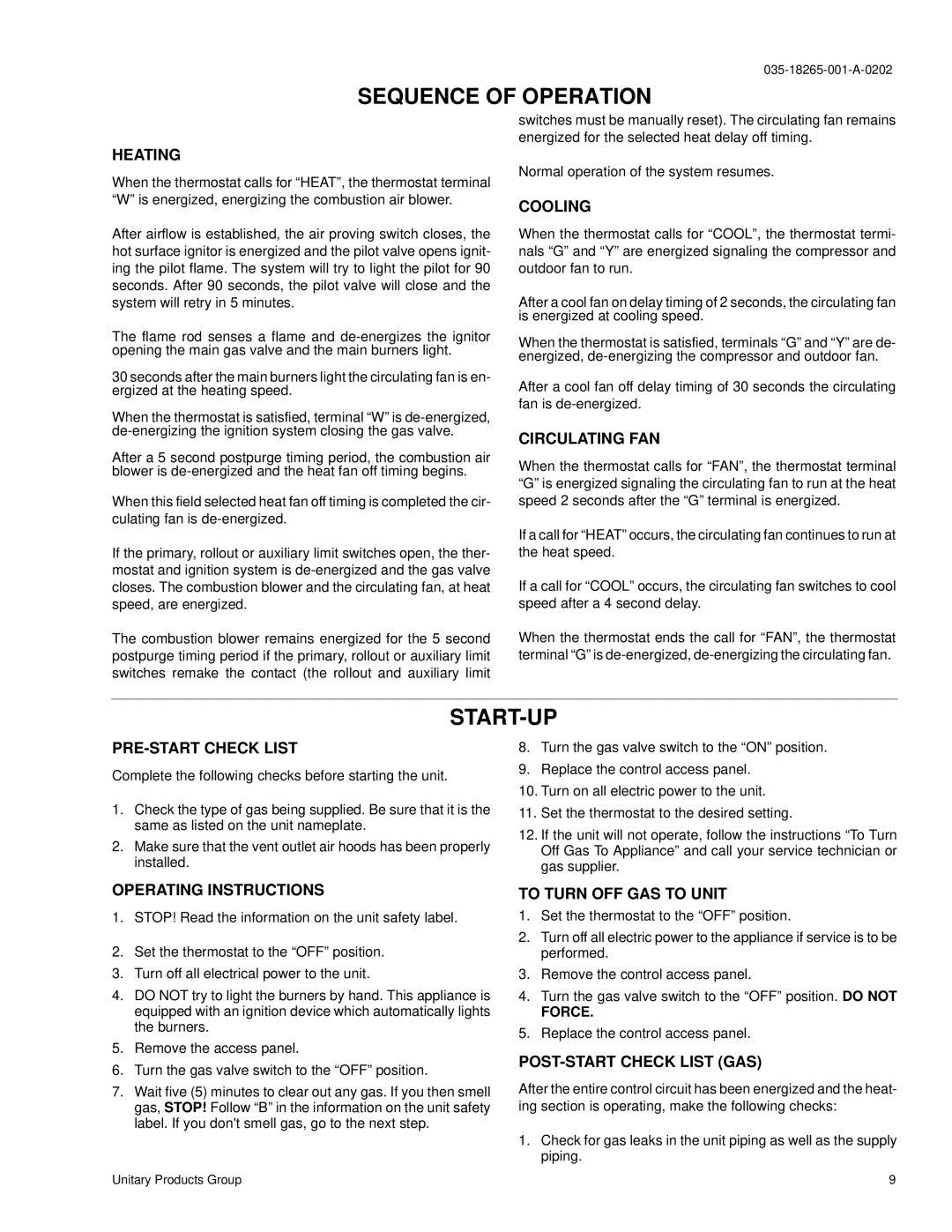 York D1NA018, D2NA060 installation instructions Sequence of Operation, Start-Up 